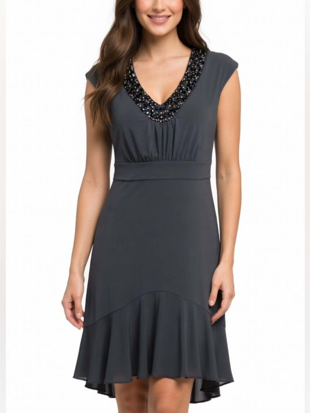 Gabby Skye Charcoal Grey Bead Embellished V-Neck Midi Dress Peplum Hemline 8